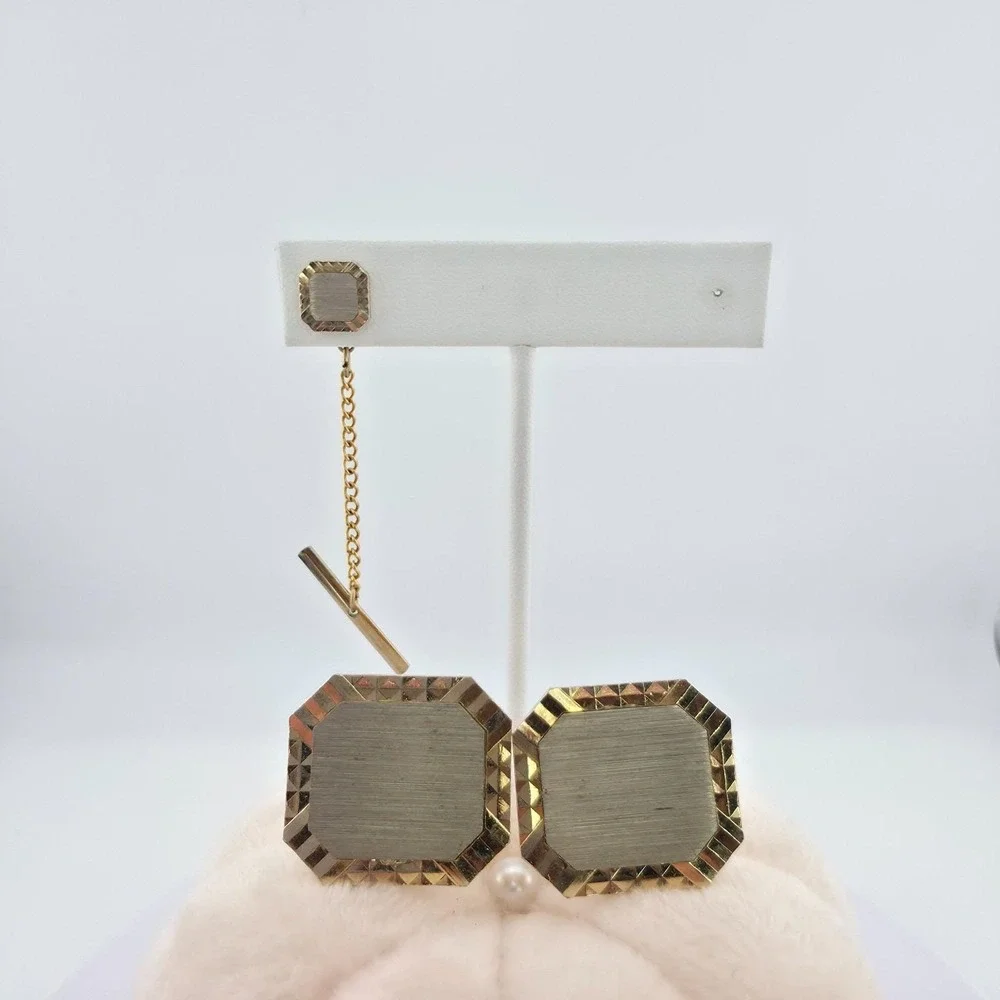 Vintage SWANK Tie Tack Clip Cufflink Set Diamond Cut Border Silver Gold Tone